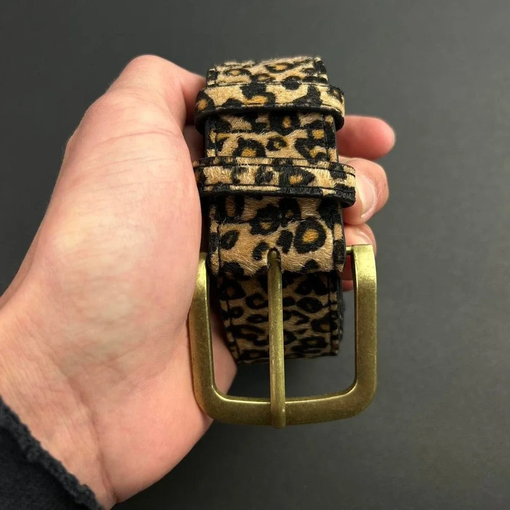 Vintage style cheetah leopard print fur belt american western boho black and tan
